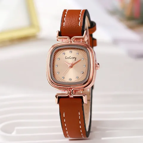 Elegante Reloj de Cuarzo para Mujer Caja Cuadrata de Aleación Vintage Correa de Cuero PU Marcadores de Strass Reloj de Pulsera
