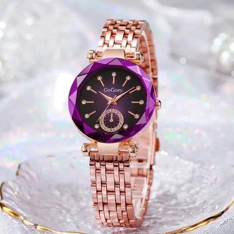 GoGoey Women's Quartz Watch Fashion Rose Gold Alloy Mesh Chain Strap Rhinestone Starry Sky Dial Faceted Glass Mirror Wristwatch