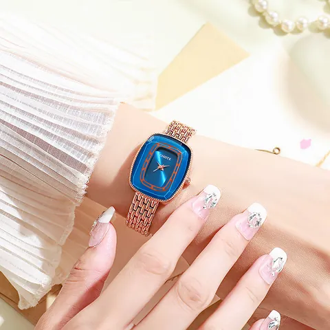 Vintage Women Quartz Watch Rose Gold Alloy Mesh Strap Cushion Emerald Green Blue Dial Elegant Minimalist Luxury Wristwatch For Lady