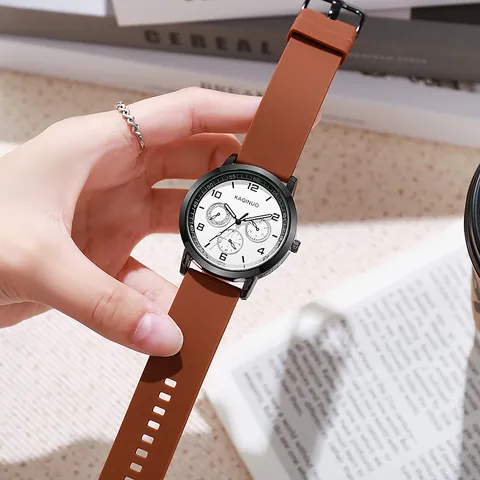Fashion Quartz Watch With Alloy Case Silicone Strap Multi Functional Sub Dials Round Analog Wristwatch For Men Women