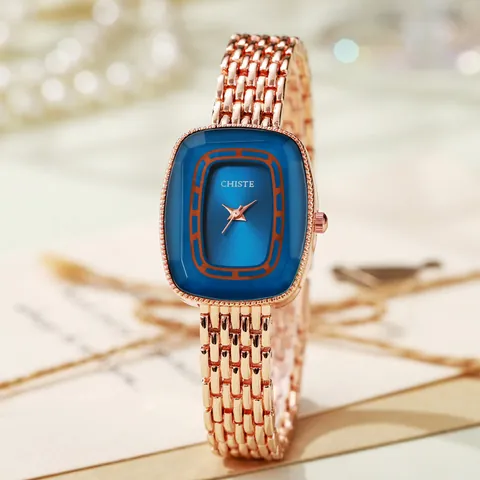 Vintage Women Quartz Watch Rose Gold Alloy Mesh Strap Cushion Emerald Green Blue Dial Elegant Minimalist Luxury Wristwatch For Lady