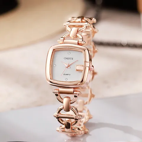 Women Fashion Square Quartz Watch Luxury Alloy Chain Strap Rhinestone Decor Minimalist Simple Style Elegant Dress Wristwatch