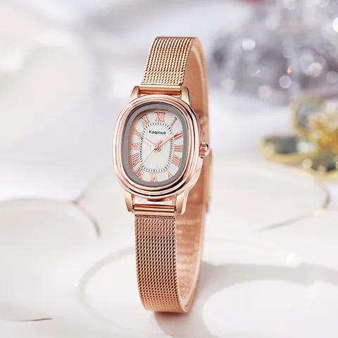 Fashion Women Quartz Watch Elegant Oval Small Dial Roman Numerals Mesh Band Rose Gold Alloy Wristwatch For Lady Daily Business
