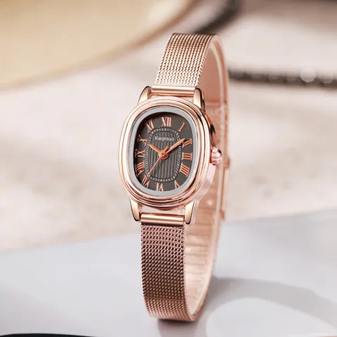 Fashion Women Quartz Watch Elegant Oval Small Dial Roman Numerals Mesh Band Rose Gold Alloy Wristwatch For Lady Daily Business