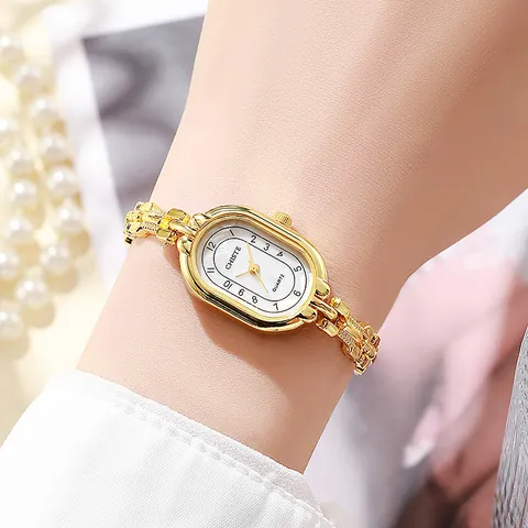 Vintage Oval Damen Quarzuhr Gold Legierung Kette Armband Schmuckverschluss Mode Elegante Armbanduhr