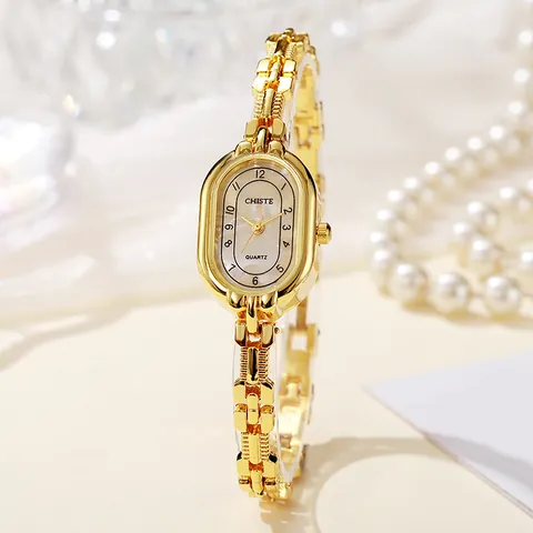 Vintage Oval Damen Quarzuhr Gold Legierung Kette Armband Schmuckverschluss Mode Elegante Armbanduhr