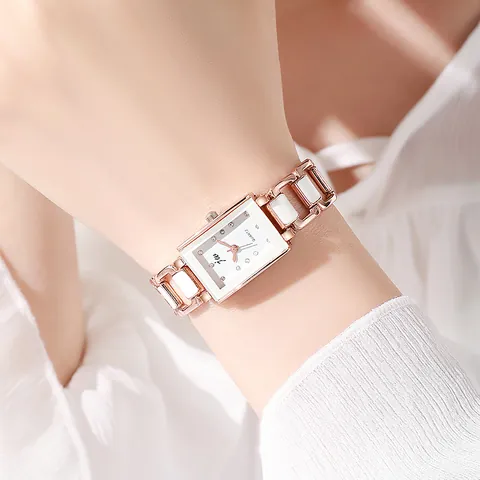Elegante Damen Rechteckige Quarzuhr Legierung Strass Zifferblatt Mode Metallkette Armband Armbanduhr Büro Damen Schmuck