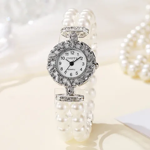 Elegant Women Faux Pearl Bracelet Watch Rhinestone Alloy Case Quartz Wristwatch Luxury Elastic Strap Jewelry Watch