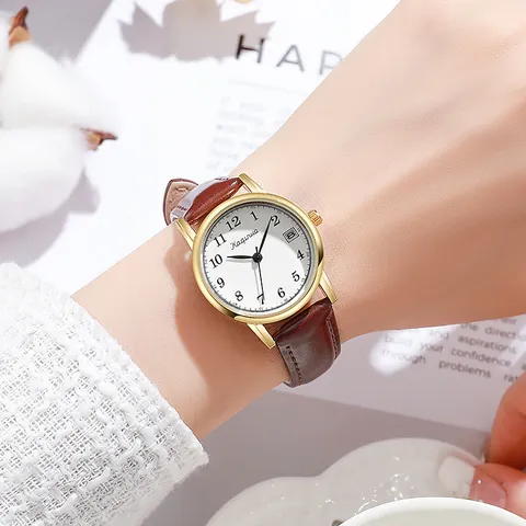Women's Quartz Watch With Calendar Arabic Numerals Simple Dial Alloy Case PU Leather Strap Retro Casual Ladies Wristwatch