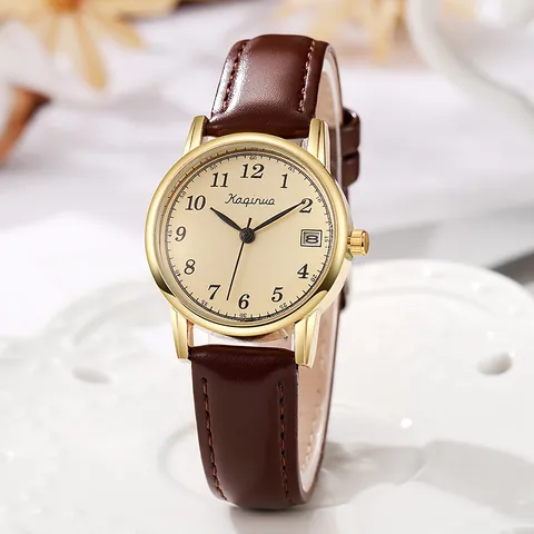 Women's Quartz Watch With Calendar Arabic Numerals Simple Dial Alloy Case PU Leather Strap Retro Casual Ladies Wristwatch