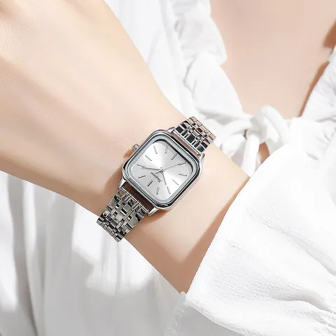 Women's Fashion Square Quartz Watch Minimalist Silver Alloy Steel Band Wristwatch With Sunray Dial For Ladies Elegant Decorative Timepiece