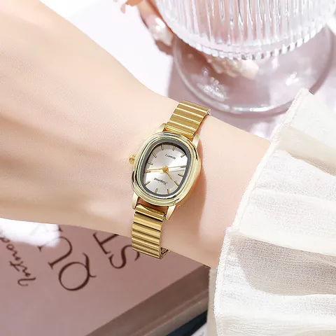 Dames Mode Quartz Horloge Met Ovale Wijzerplaat Retro Legering Bamboe Stijl Band Roségoud Zilver Minimalistisch Polshorloge