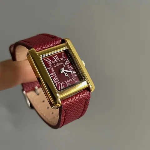 Βίντατζ Γυναικείο Ορθογώνιο Ρολόι Quartz Κάσα από Κράμα Καντράν με Ρωμαϊκούς Αριθμούς Δερμάτινο Λουράκι με Υφή Λίτσι Κομψό Αναλογικό Ρολόι Χειρός