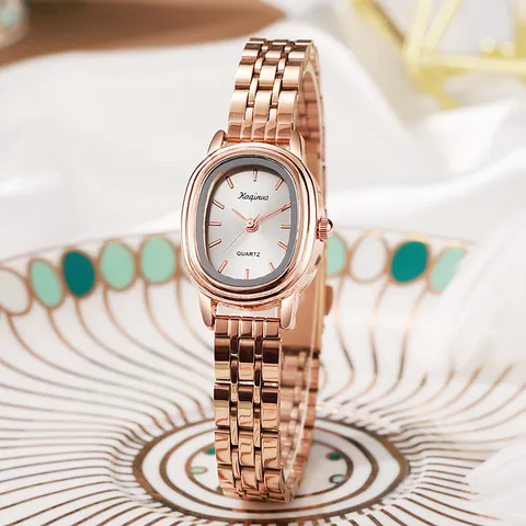 Elegante Dames Polshorloge Ovale Wijzerplaat Kwartz Mode Goud Zilver Roségoud Legering Schakelband Minimalistisch Analoog