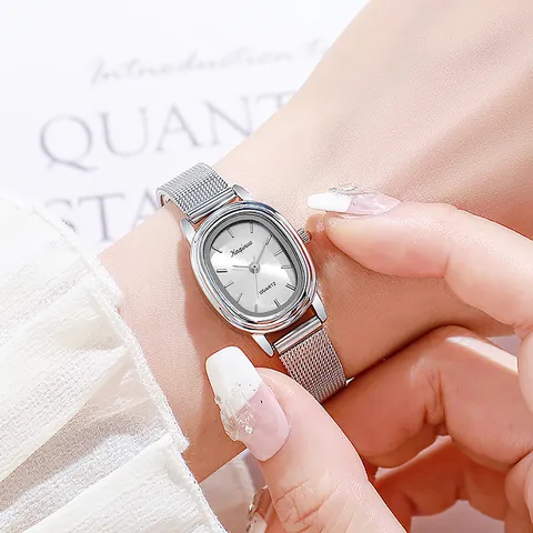 Reloj de Cuarzo Ovalado de Lujo para Mujer Con Correa de Malla Milanesa Plateada Estilo Vintage Minimalista Reloj de Pulsera