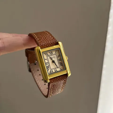 Βίντατζ Γυναικείο Ορθογώνιο Ρολόι Quartz Κάσα από Κράμα Καντράν με Ρωμαϊκούς Αριθμούς Δερμάτινο Λουράκι με Υφή Λίτσι Κομψό Αναλογικό Ρολόι Χειρός