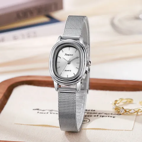 Reloj de Cuarzo Ovalado de Lujo para Mujer Con Correa de Malla Milanesa Plateada Estilo Vintage Minimalista Reloj de Pulsera