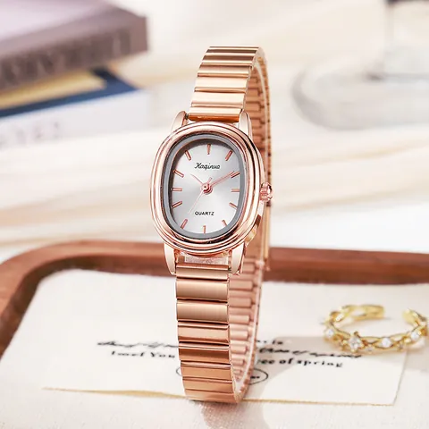 Dames Mode Quartz Horloge Met Ovale Wijzerplaat Retro Legering Bamboe Stijl Band Roségoud Zilver Minimalistisch Polshorloge