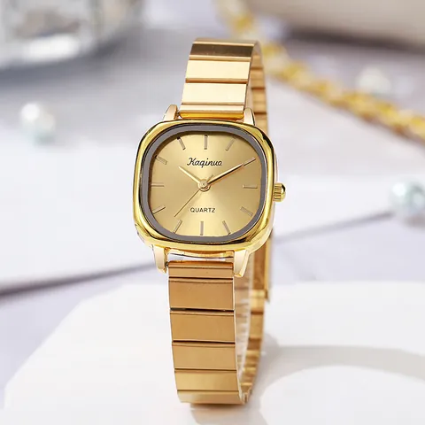 Orologio al Quarzo da Donna Vintage Quadrante Quadrato Cinturino in Lega Maglia Bambù Moda Elegante Oro Rosa Orologio da Polso