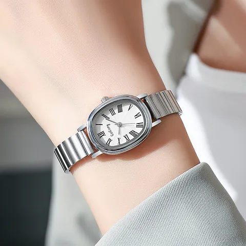 Elegant Oval Women Quartz Watch With Alloy Bamboo Link Expansion Band Roman Numerals Retro Ladies Wristwatch Gold Silver Tone Jewelry Watch