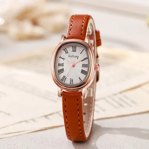 Elegant Women's Vintage Oval Quartz Watch With Leather Strap Roman Numerals Sunburst Dial Retro Ladies Fashion Wristwatch
