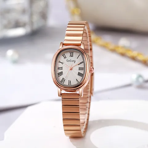 Elegant Oval Women Quartz Watch With Alloy Bamboo Link Expansion Band Roman Numerals Retro Ladies Wristwatch Gold Silver Tone Jewelry Watch