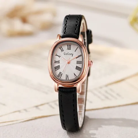 Elegant Women's Vintage Oval Quartz Watch With Leather Strap Roman Numerals Sunburst Dial Retro Ladies Fashion Wristwatch