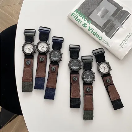 Heren Outdoor Militaire Stijl Quartz Horloge Met Kompas Klittenband Canvas Band Casual Mode Analoog Polshorloge Voor Mannen Studenten
