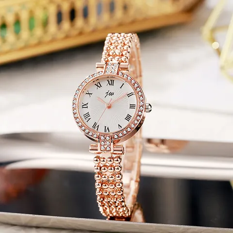 Lussuoso Orologio da Polso da Donna in Lega con Strass Numeri Romani Orologio al Quarzo Elegante Bracciale con Perline Regalo