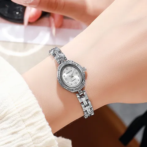 Women Vintage Luxury Gold Silver Plated Alloy Bracelet Watch Oval Quartz Wristwatch Rhinestone Inlaid Metal Carving Dress Watch For Women