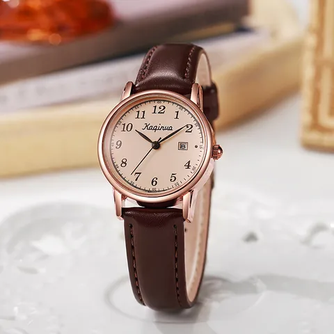 Women Vintage Quartz Watch With Leather Strap Alloy Case Round Dial Arabic Numerals Calendar Date Casual Elegant Wrist Watch