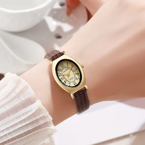 Dames Vintage Ovale Quartz Horloge Elegant Tonneau Wijzerplaat PU Leren Band Luxe Analoog Polshorloge Goud Roségoud Kast