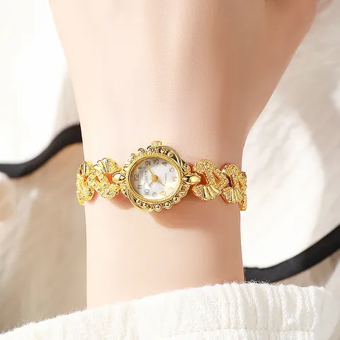 Vintage Damen Quarzuhr Armband Elegant Herz Hohl Geschnitzt Legierung Armband Minimalistisch Gold Bronze Ton Analoge Armbanduhr Für Damen