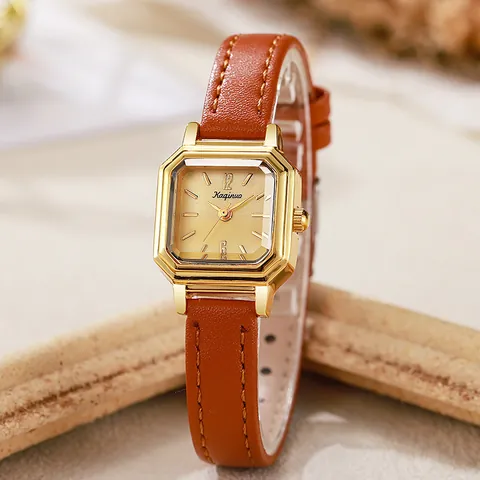 Luxury Retro Women Quartz Watch Octagonal Alloy Case Leather Strap Minimalist Elegant Small Dial Female Pointer Wristwatch