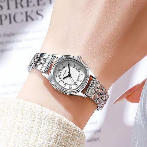 Γυναικείο Vintage Οβάλ Ρολόι Quartz Με Λουράκι από Κράμα Ατσαλιού Καντράν με Ρωμαϊκούς Αριθμούς Κομψό Ρετρό Ρολόι Χειρός Μόδας
