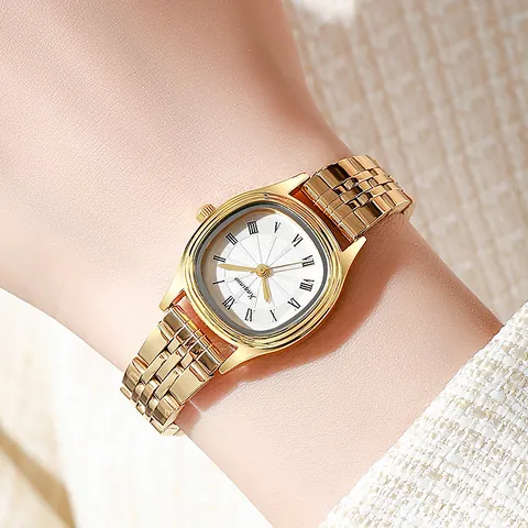 Montre à Quartz Ovale pour Femme Vintage Élégant Bracelet en Chaîne Alliage Chiffres Romains Montre-Bracelet Métal Cadeau