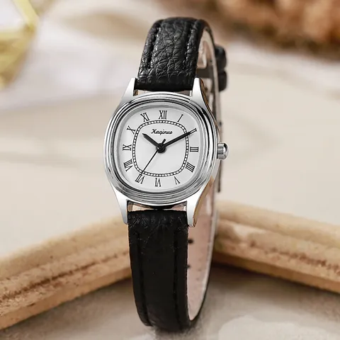 Vintage Oval Women Quartz Watch With Roman Numerals Alloy Case PU Leather Strap Elegant Ladies Wristwatch Small Dial Retro