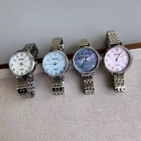 Women's Fashion Quartz Watch With Stainless Steel Band Round Mother Of Artificial Pearl Dial Arabic Numerals Analog Wristwatch For Students Ladies Gift