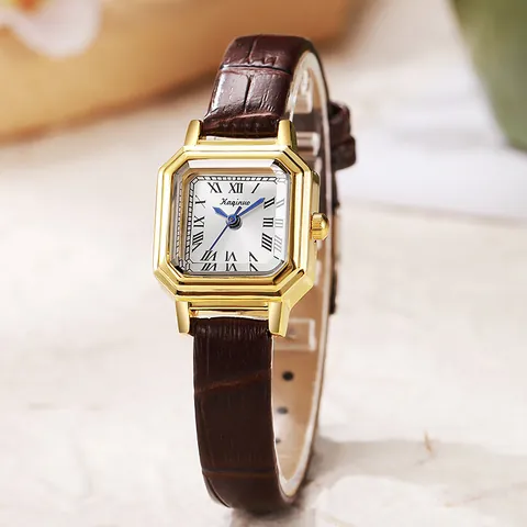 Vintage Vierkante Dames Quartz Horloge Romeinse Cijfers Blauwe Wijzers PU-Lederen Band Elegante Mode Minimalistisch Polshorloge