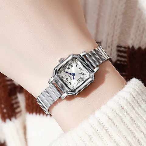 Vintage Women's Square Dial Quartz Watch Stainless Steel Elastic Band Roman Numerals Elegant Ladies Fashion Wristwatch Jewelry Gift