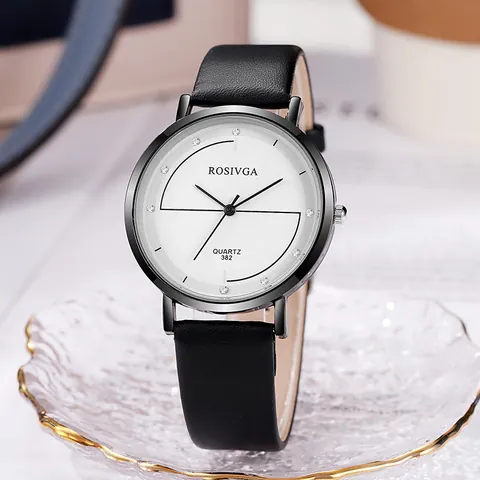 Minimalistisch Rond Quartz Horloge Met PU Leren Band Legering Kast Strass Accenten Mode Polshorloge Voor Studenten Mannen Vrouwen