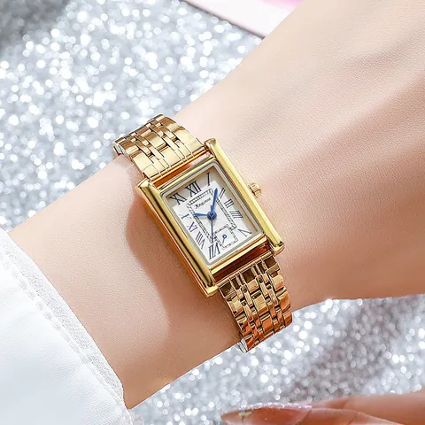 Luxe Dames Vierkant Quartz Horloge Legering Kast Stalen Band Romeinse Cijfers Blauwe Wijzers Polshorloge Business Jurk Horloge
