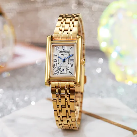 Luxe Dames Vierkant Quartz Horloge Legering Kast Stalen Band Romeinse Cijfers Blauwe Wijzers Polshorloge Business Jurk Horloge