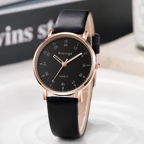 Minimalist Quartz Watch For Women Men Rose Gold Alloy Case PU Leather Strap Casual Student Wristwatch With Dual Time Scale Dial