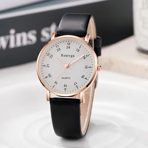 Minimalist Quartz Watch For Women Men Rose Gold Alloy Case PU Leather Strap Casual Student Wristwatch With Dual Time Scale Dial