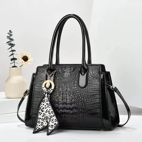 Elegante Borsa a Mano da Donna in Pelle PU con Motivo a Coccodrillo e Sciarpa di Raso Leopardata Grande Capacità Ufficio Quotidiano Borsa a Tracolla Satchel