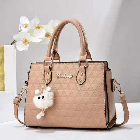 Women Fashion PU Leather Geometric Triangle Embossed Handbag Large Shoulder Crossbody Bag With Plush Lamb Pendant
