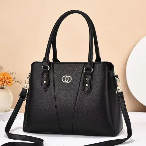 Borsa a Mano Donna Grande Capacità Pelle PU Urban Minimalista Motivo Litchi Borsa Tote Con Hardware Tonalità Oro Doppi Anelli