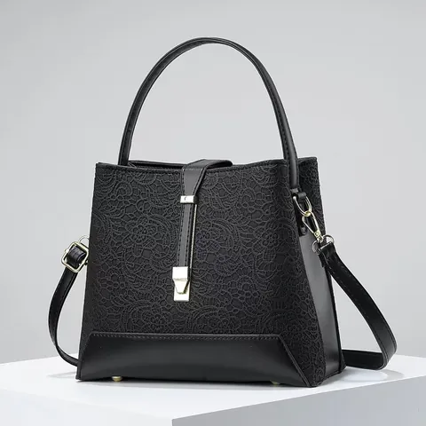 Women Lace Patchwork Handbag Elegant PU Leather Bucket Bag With Detachable Shoulder Strap Top Handle Versatile Satchel