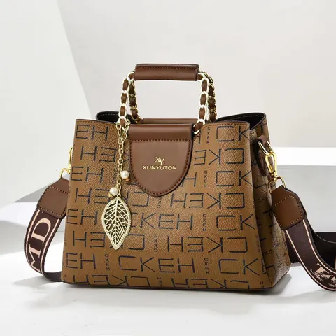 Dames Vintage PU-leer Monogram Afdrukken Schoudertas Mode Schelptas Met Bladhanger En Brede Band Voor Werk Dagelijks